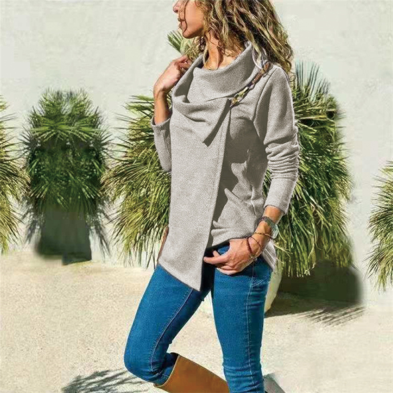 New autumn winter Large lapel Leather metal buckle Women Outer wear Long sleeve T-shirt Ladies Tops