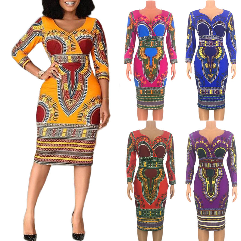 New Women&apos;s Dresses Sexy Elegant Slim Ladies Dress Ethnic Cropped Sleeve V-Neck Dress