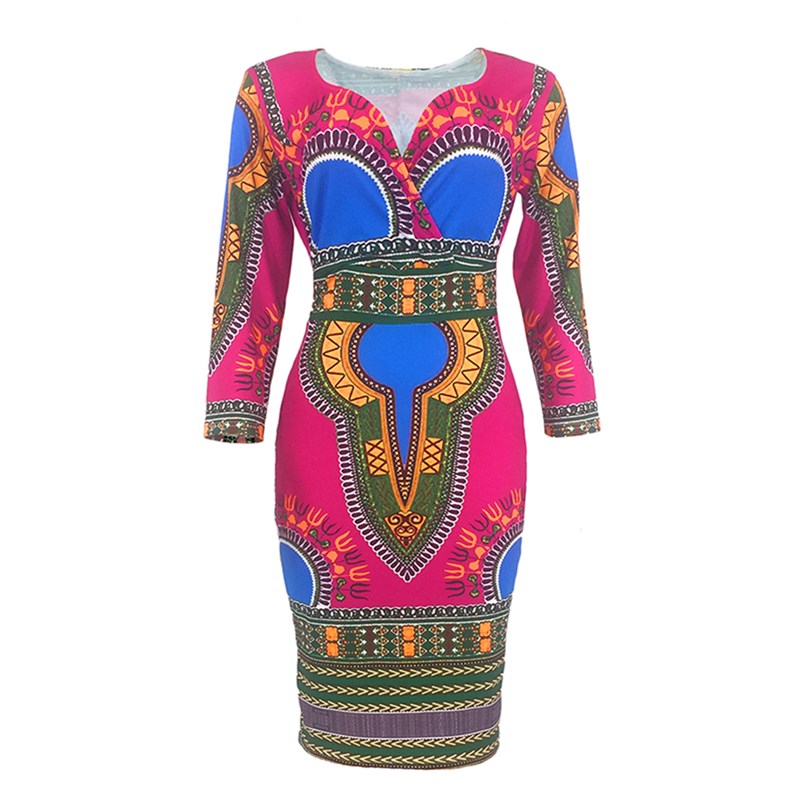 New Women&apos;s Dresses Sexy Elegant Slim Ladies Dress Ethnic Cropped Sleeve V-Neck Dress