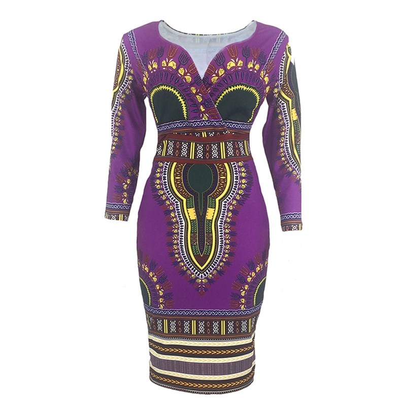 New Women&apos;s Dresses Sexy Elegant Slim Ladies Dress Ethnic Cropped Sleeve V-Neck Dress