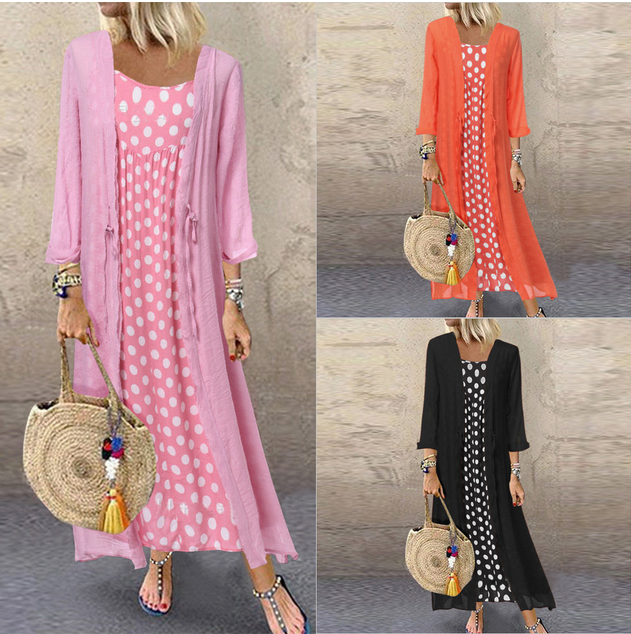 2021 Fashion Ladies Set Lace Cardigan Jacket Polka Dot Dress Two Piece Loose Casual Women's Dresses