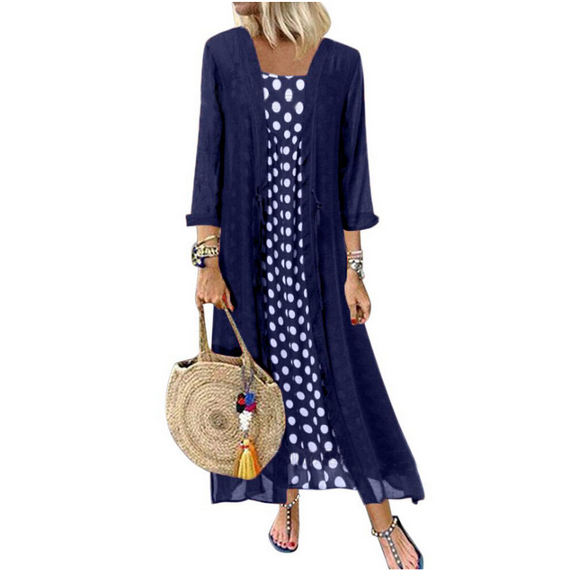 2021 Fashion Ladies Set Lace Cardigan Jacket Polka Dot Dress Two Piece Loose Casual Women's Dresses