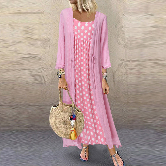 2021 Fashion Ladies Set Lace Cardigan Jacket Polka Dot Dress Two Piece Loose Casual Women's Dresses