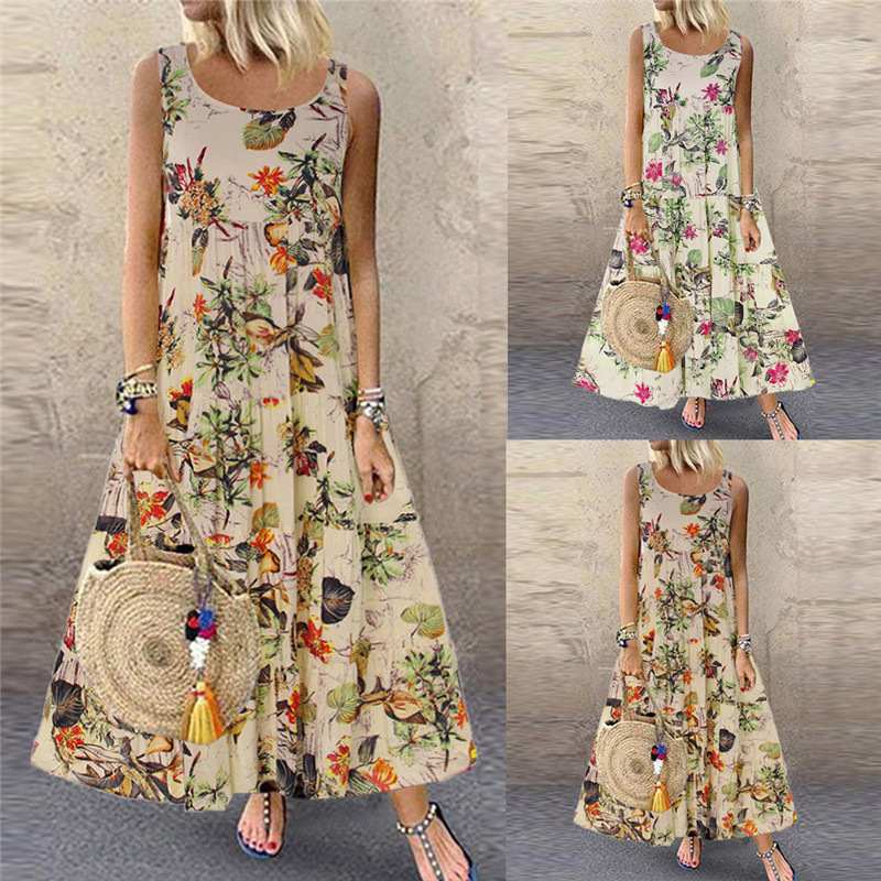 HS New Fashion Ladies Dresses Vintage Floral Sleeveless Round Neck Women's Dress Sexy Elegant Dress
