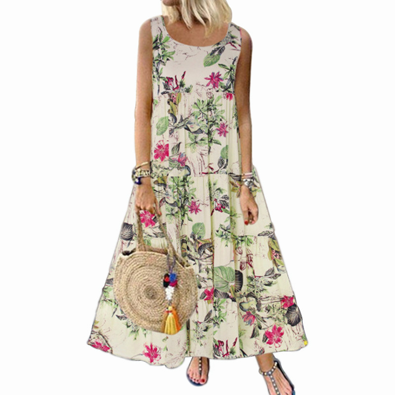 HS New Fashion Ladies Dresses Vintage Floral Sleeveless Round Neck Women's Dress Sexy Elegant Dress