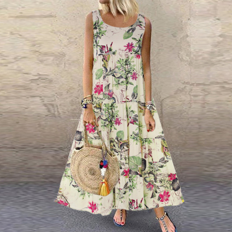 HS New Fashion Ladies Dresses Vintage Floral Sleeveless Round Neck Women's Dress Sexy Elegant Dress