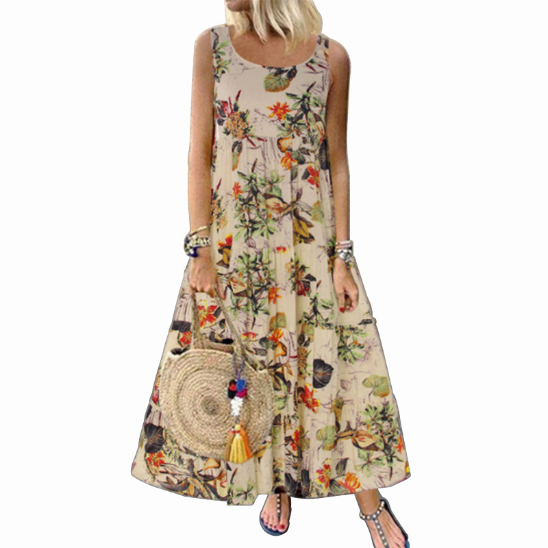 HS New Fashion Ladies Dresses Vintage Floral Sleeveless Round Neck Women's Dress Sexy Elegant Dress