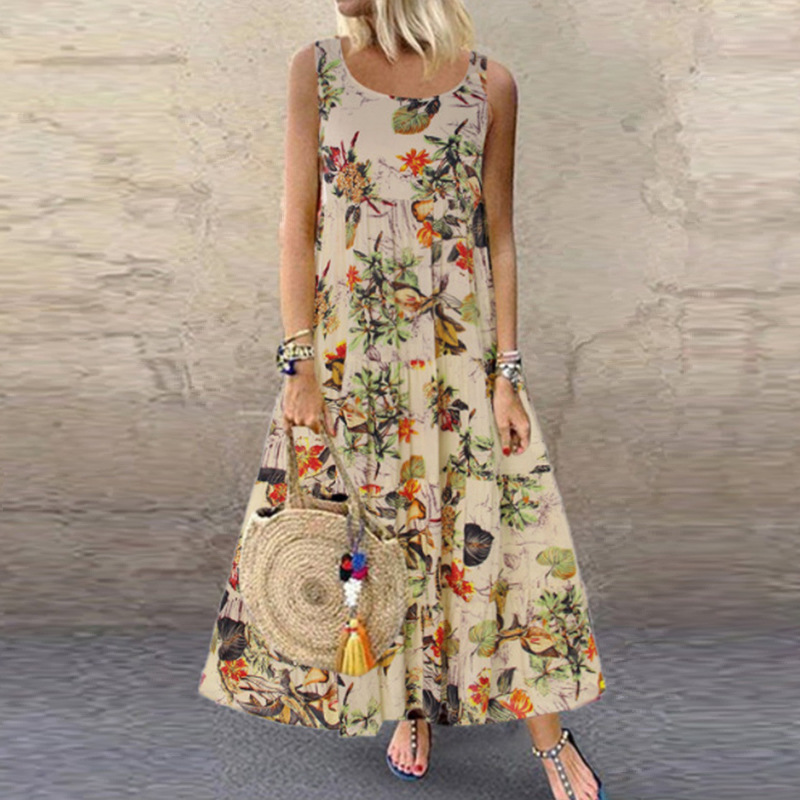 HS New Fashion Ladies Dresses Vintage Floral Sleeveless Round Neck Women's Dress Sexy Elegant Dress