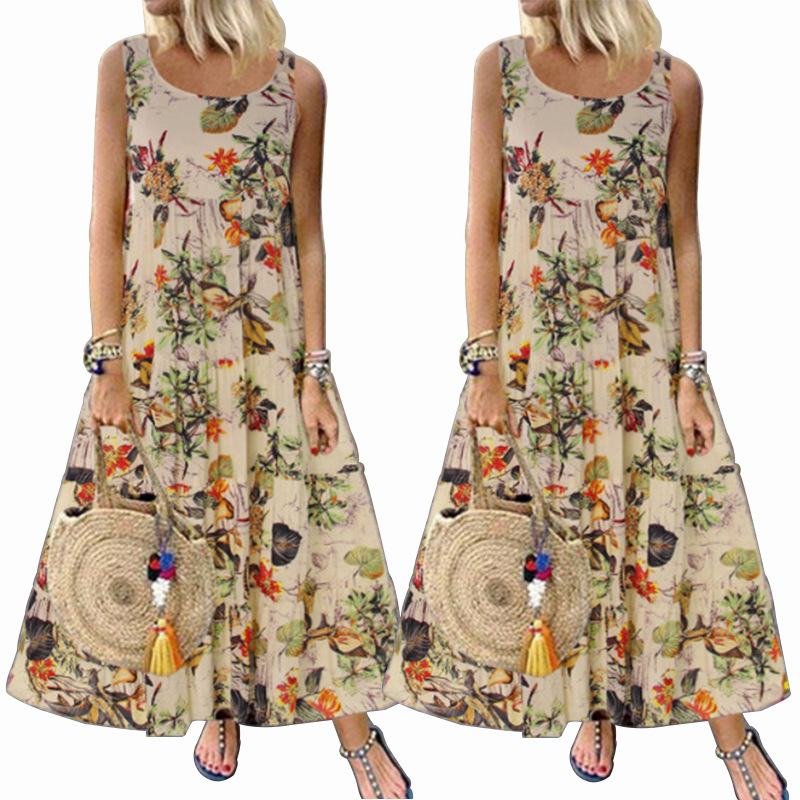HS New Fashion Ladies Dresses Vintage Floral Sleeveless Round Neck Women's Dress Sexy Elegant Dress