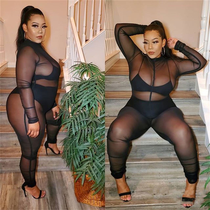 HS New Women&apos;s Jumpsuits Lingerie See-Through Seduction Sexy Black Plus Size Jumpsuit Without Liner