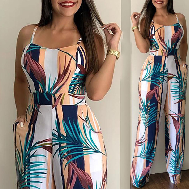 HS New Fashion Slim Women's Jumpsuits Colorful Sling Printing Sexy High Waist Ladies Jumpsuits