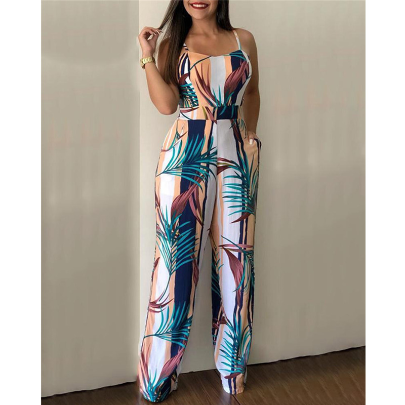 HS New Fashion Slim Women's Jumpsuits Colorful Sling Printing Sexy High Waist Ladies Jumpsuits