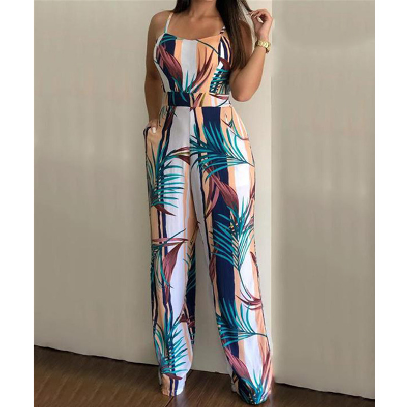 HS New Fashion Slim Women's Jumpsuits Colorful Sling Printing Sexy High Waist Ladies Jumpsuits