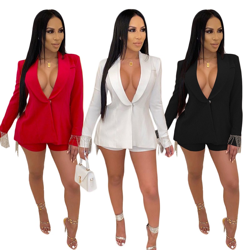 HS New Fashion Women's Suits OL Style Solid Color Long Sleeve Tassel Coats +ShortsLadies Suits