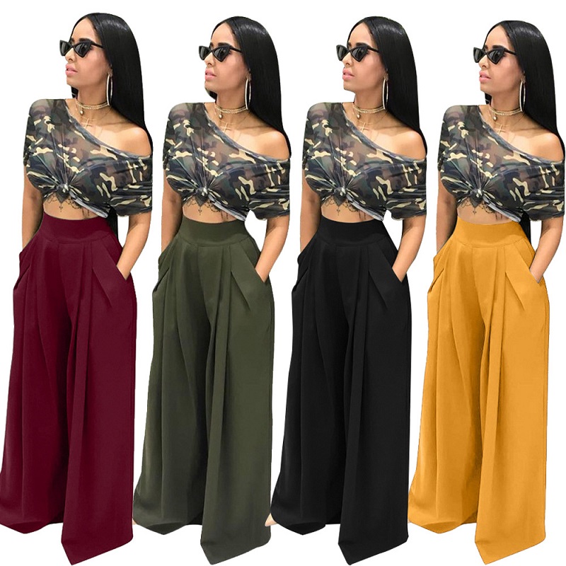 HS New Fashion Ladies Trousers Stylish Flared Pleated High Waist Wide-leg Casual Women&apos;s Pants