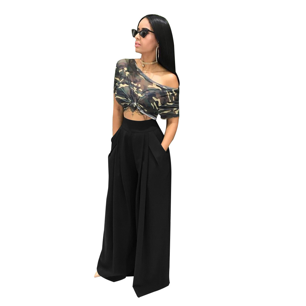 HS New Fashion Ladies Trousers Stylish Flared Pleated High Waist Wide-leg Casual Women&apos;s Pants
