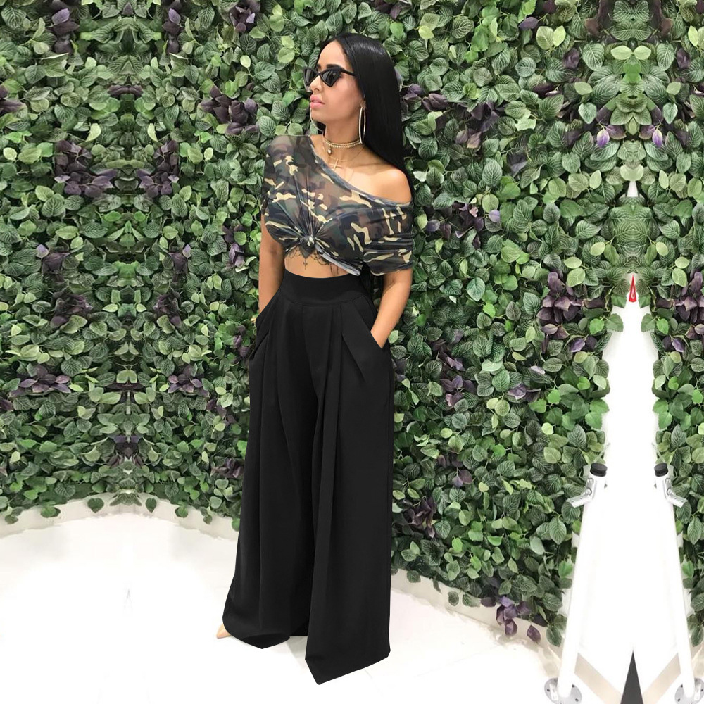 HS New Fashion Ladies Trousers Stylish Flared Pleated High Waist Wide-leg Casual Women&apos;s Pants