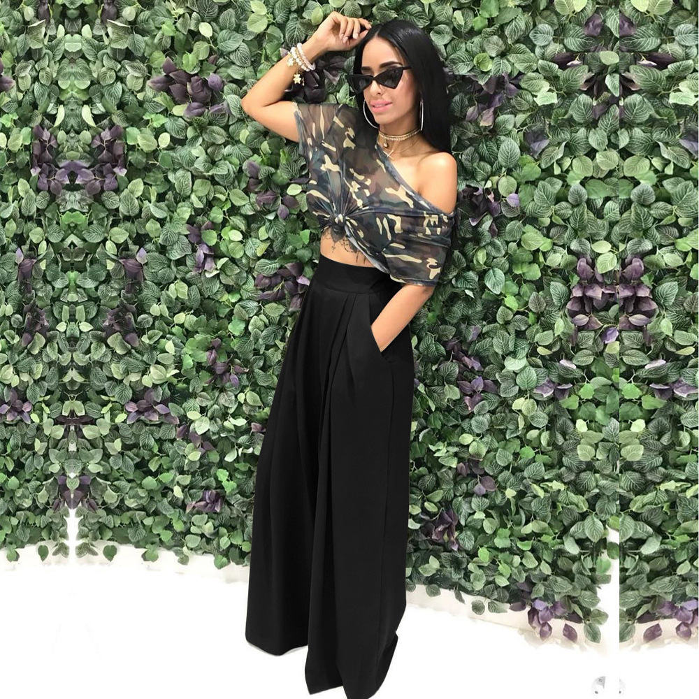 HS New Fashion Ladies Trousers Stylish Flared Pleated High Waist Wide-leg Casual Women&apos;s Pants