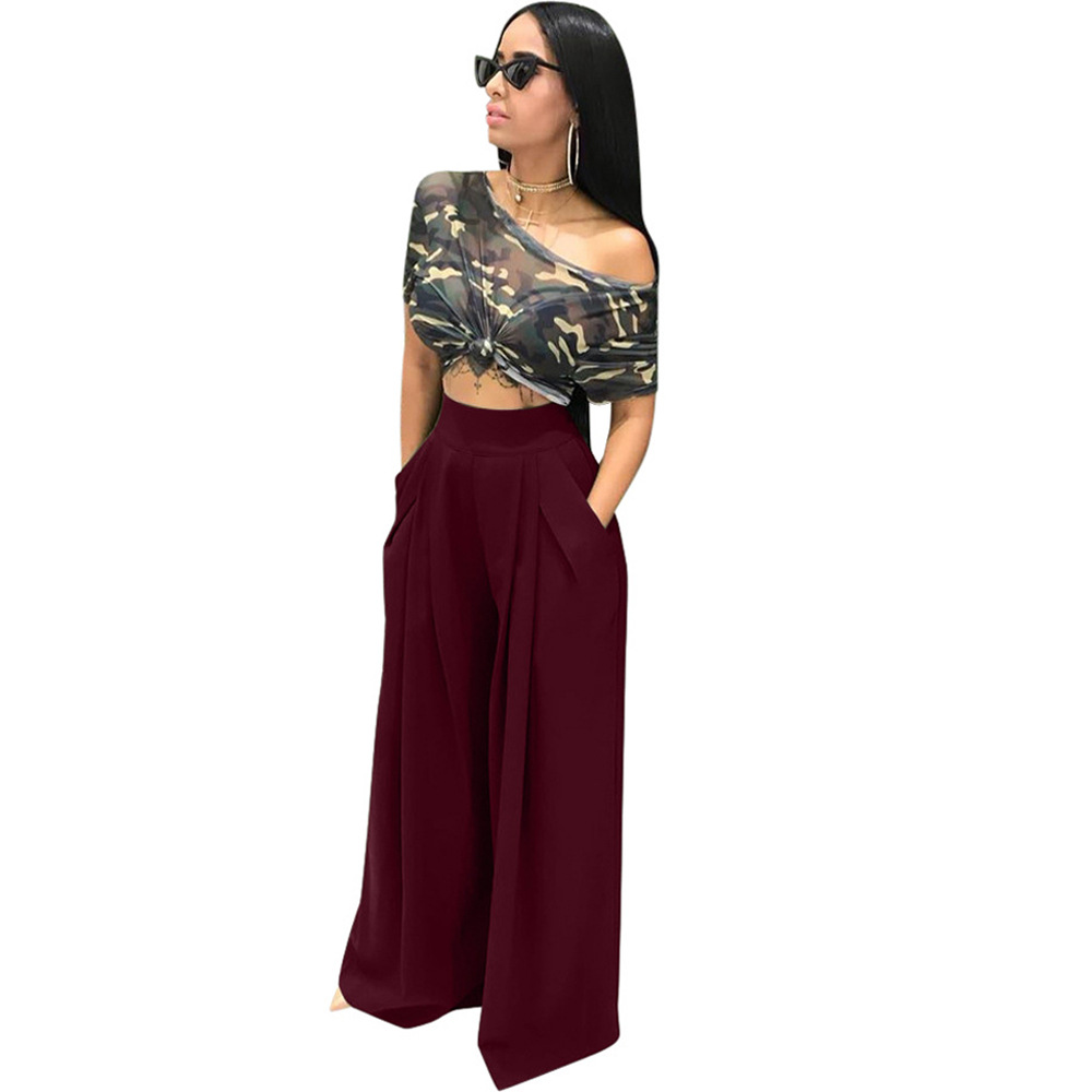 HS New Fashion Ladies Trousers Stylish Flared Pleated High Waist Wide-leg Casual Women&apos;s Pants