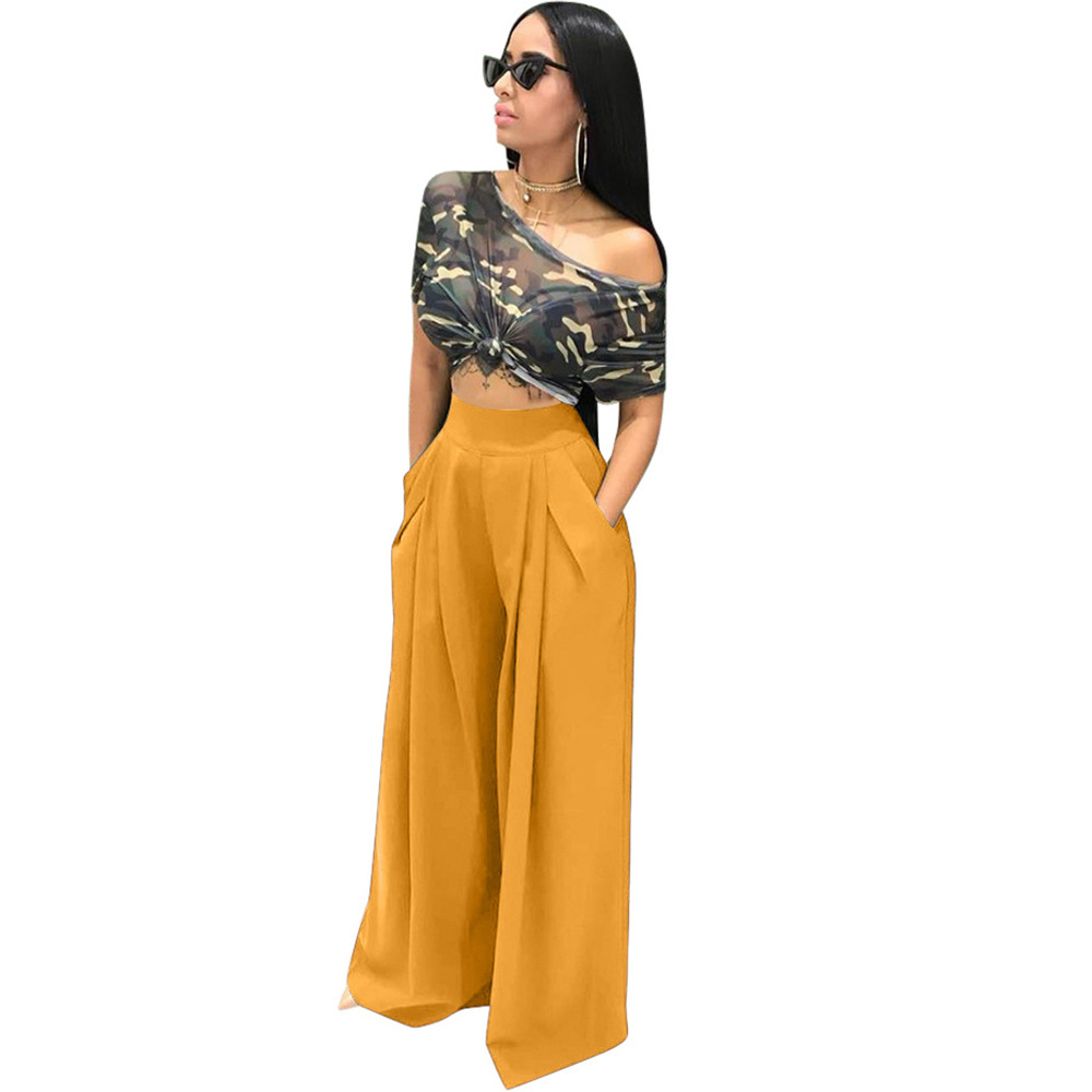 HS New Fashion Ladies Trousers Stylish Flared Pleated High Waist Wide-leg Casual Women&apos;s Pants