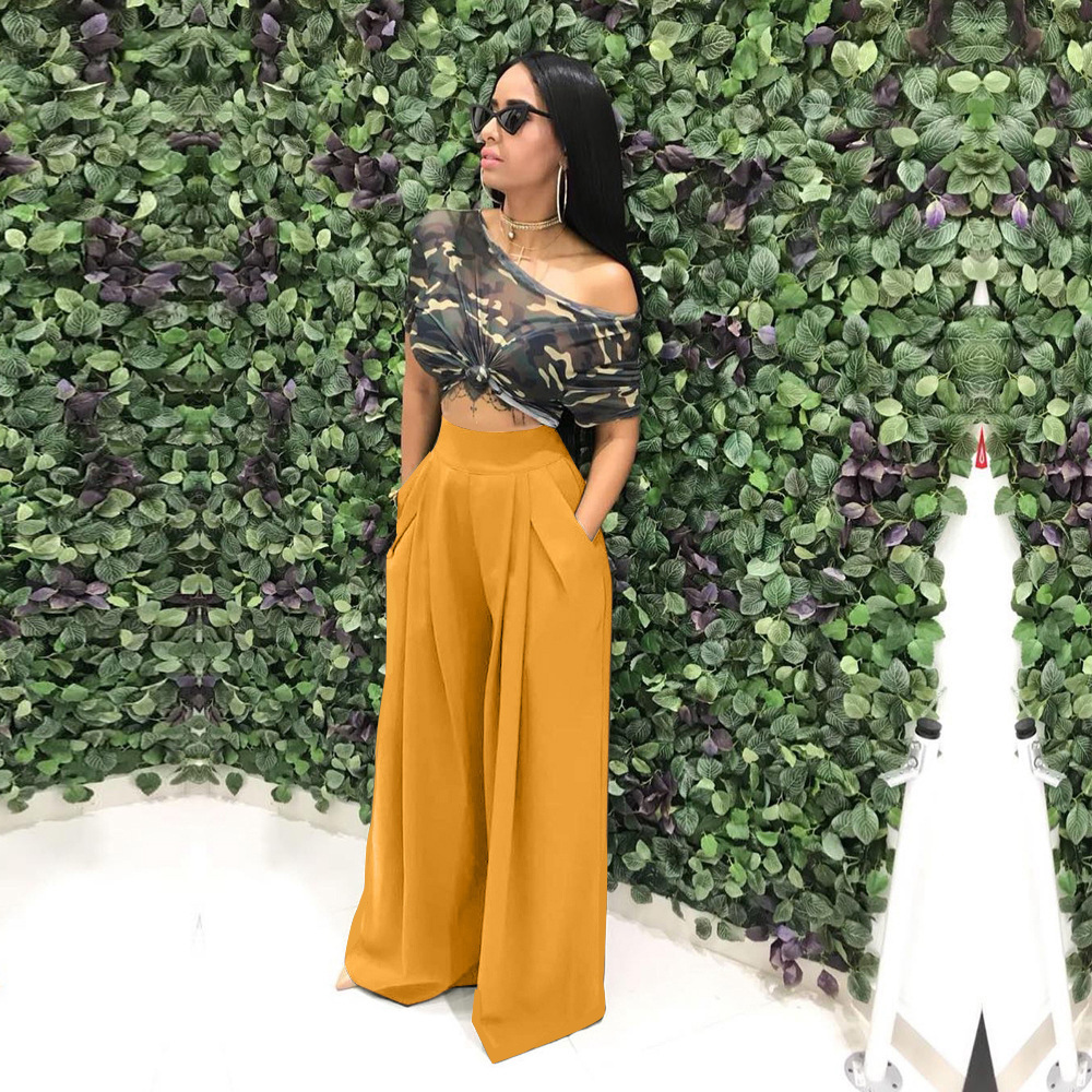 HS New Fashion Ladies Trousers Stylish Flared Pleated High Waist Wide-leg Casual Women&apos;s Pants