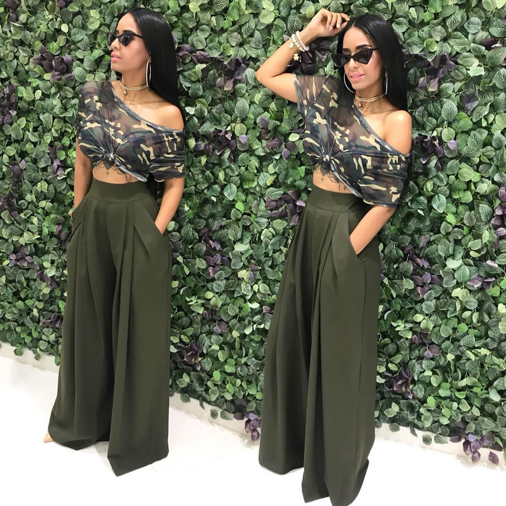 HS New Fashion Ladies Trousers Stylish Flared Pleated High Waist Wide-leg Casual Women&apos;s Pants