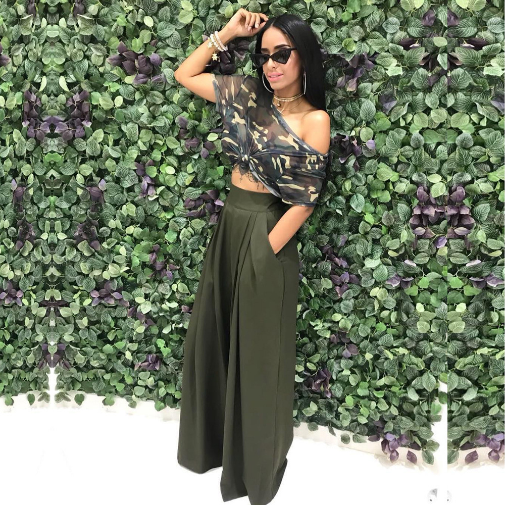 HS New Fashion Ladies Trousers Stylish Flared Pleated High Waist Wide-leg Casual Women&apos;s Pants