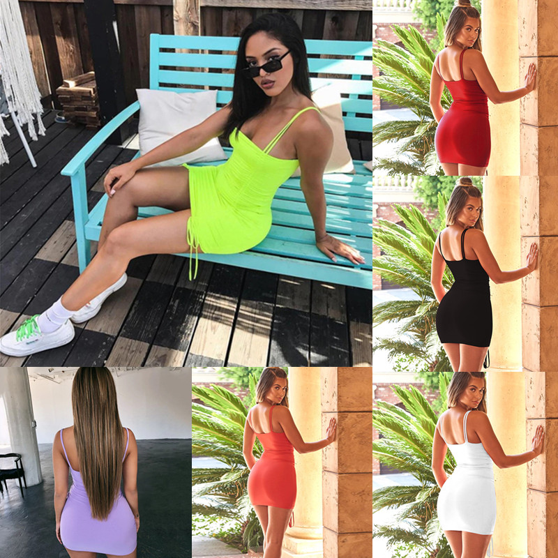Neon Pleated Bandage Dress Clud Wear Summer 2019 Streetwear Women Spaghetti Strap Bodycon Dresses