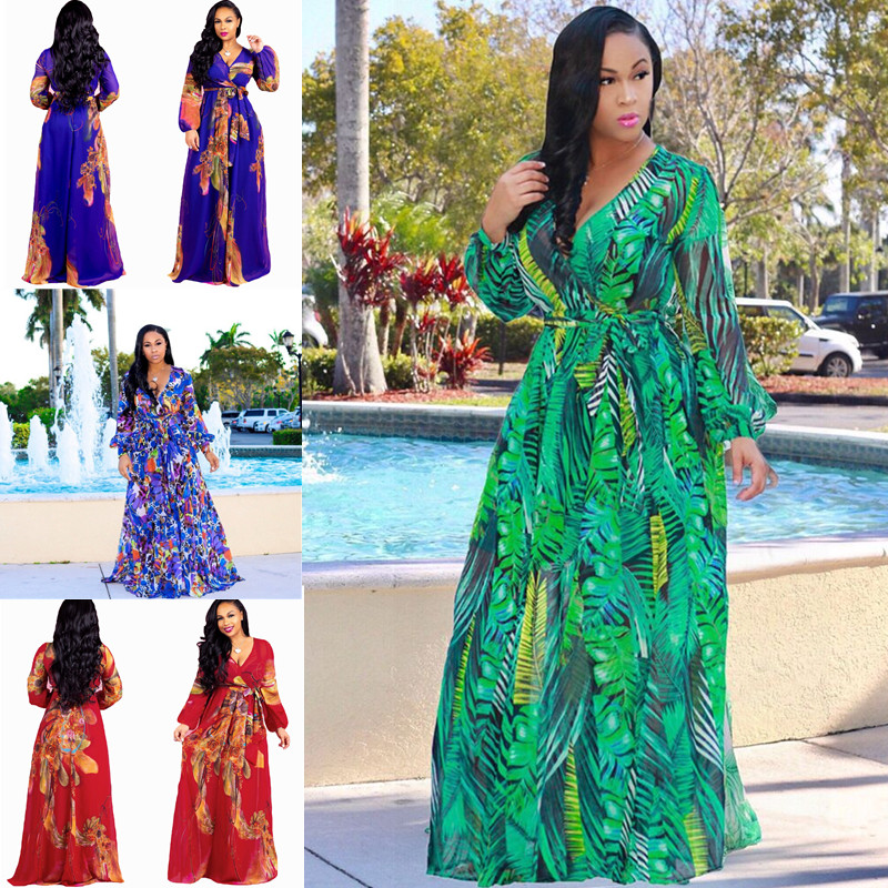 HS Fashion Women's Dresses Plus Size Chiffon Long Dress Printed long Sleeve Big Swing Ladies Dress Dresses for Women Dresses for Women Elegant Dresses for Women Plus Size Dresses for Women Sexy