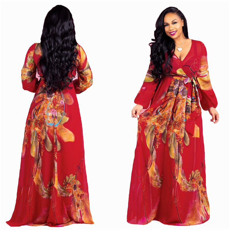HS Fashion Women's Dresses Plus Size Chiffon Long Dress Printed long Sleeve Big Swing Ladies Dress Dresses for Women Dresses for Women Elegant Dresses for Women Plus Size Dresses for Women Sexy