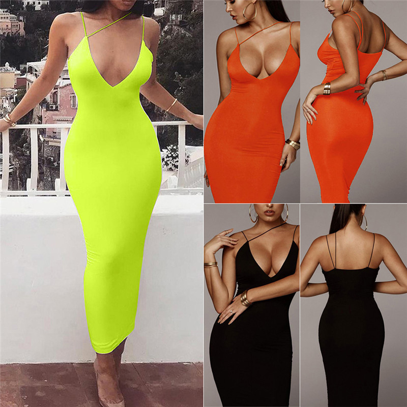 HS Women Nightclub Dresses Bodycon Sleeveless Strap Deep V-Neck Slip Soild Color Long Maxi Dress