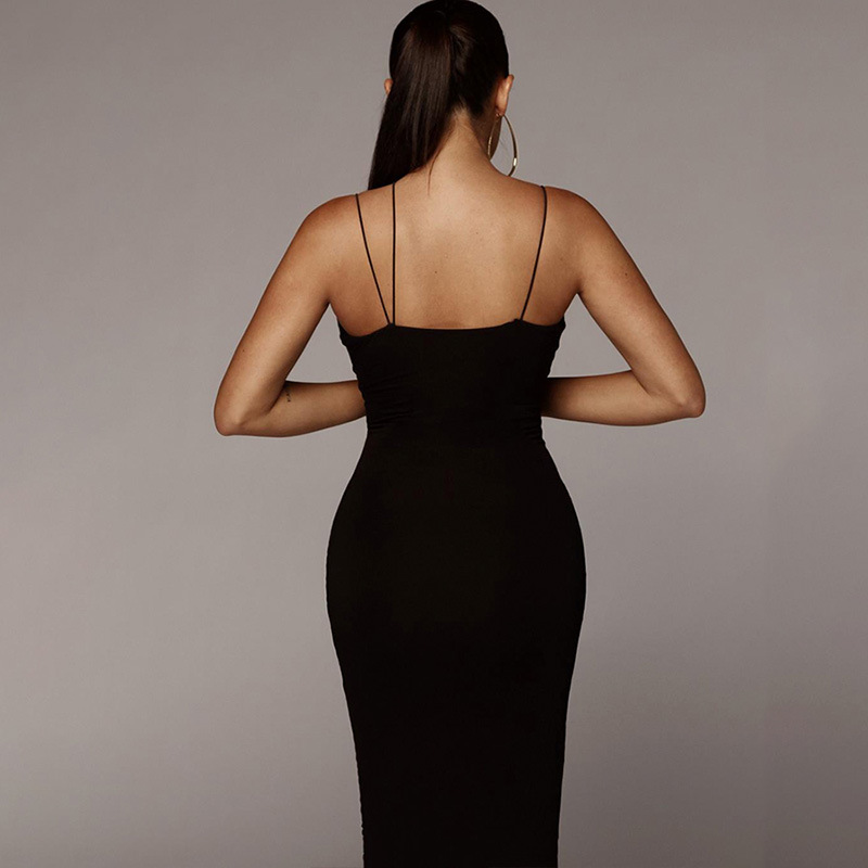 HS Women Nightclub Dresses Bodycon Sleeveless Strap Deep V-Neck Slip Soild Color Long Maxi Dress
