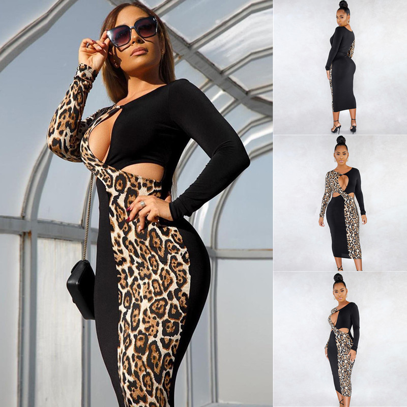 New Fashion Women Dress Sexy Elegant Ladies Leopard print splice Hit color Long sleeve dress