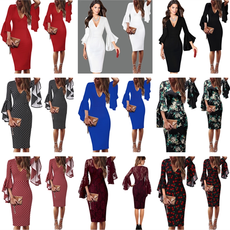 Womens Sexy Deep V-neck Long Sleeves Elegant Work Business Casual Party Slim Bodycon Pencil Dress