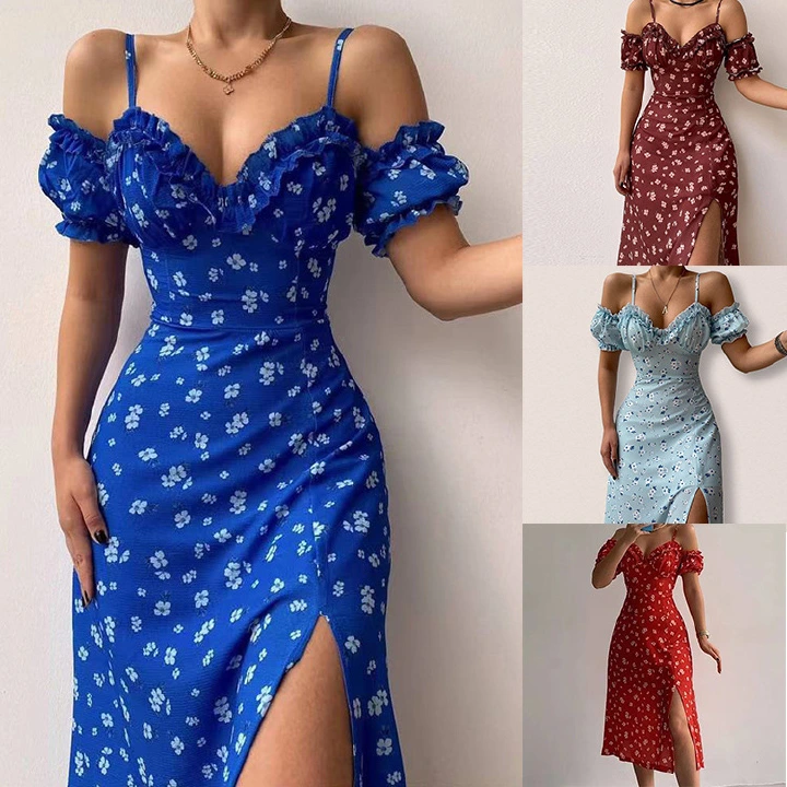 2023 New Fashion Women's Dresses Summer Short Sleeve Flat collar High Waist MIDI Dresses High Quality Ladies Dresses Women's Temperament Sling Dress Medium long slit irregular floral dress