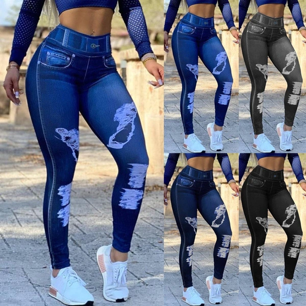 2023 New Women's Leggings Fashion Imitation Denim Underpants Seamless Cotton like Leggings Cutout Sexy Leggings Women's High Waist High Elastic Denim Leggings Large Fitness Yoga Pants