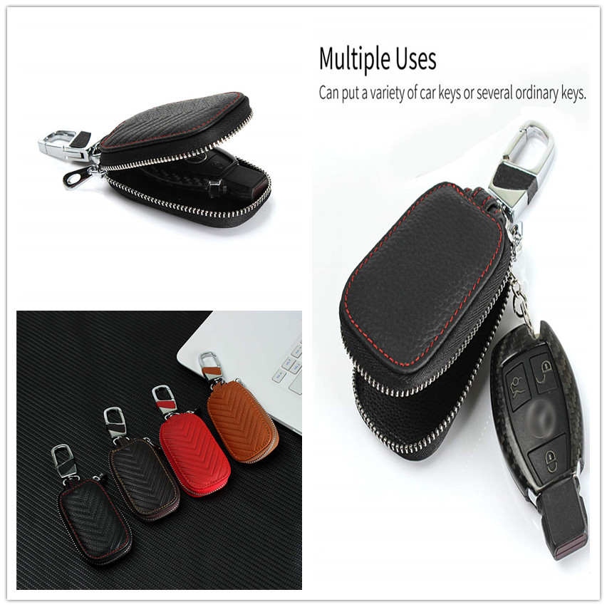 iCoverCase Car Key Case,First Layer Cowhide Leather with Metal Keychain &amp; Zipper Leather Bag for Key