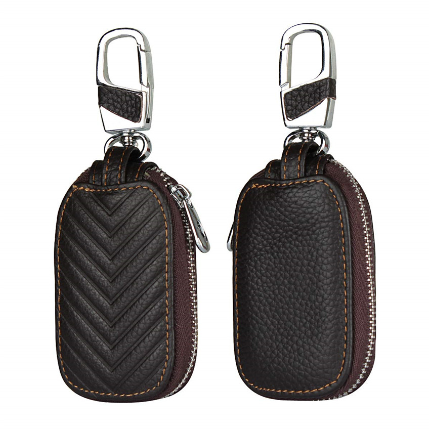 iCoverCase Car Key Case,First Layer Cowhide Leather with Metal Keychain &amp; Zipper Leather Bag for Key