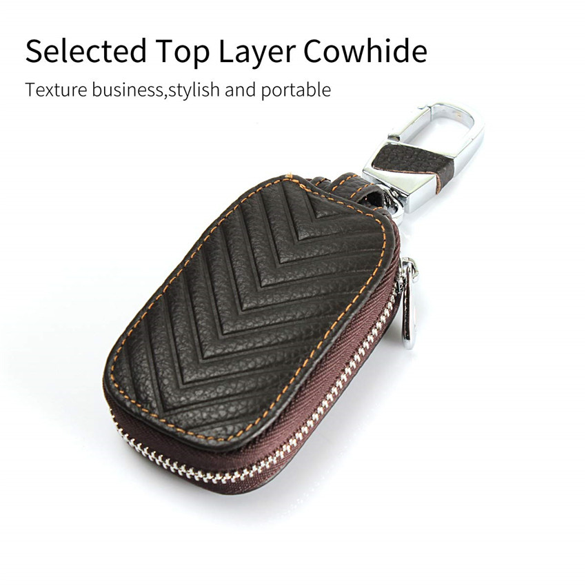 iCoverCase Car Key Case,First Layer Cowhide Leather with Metal Keychain &amp; Zipper Leather Bag for Key