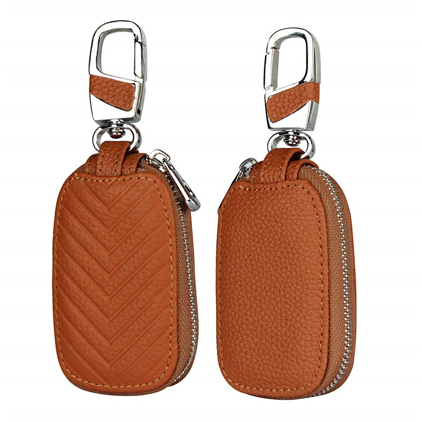 iCoverCase Car Key Case,First Layer Cowhide Leather with Metal Keychain &amp; Zipper Leather Bag for Key
