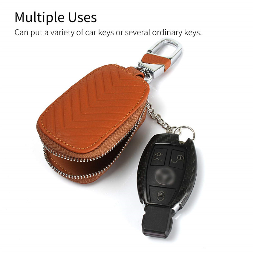 iCoverCase Car Key Case,First Layer Cowhide Leather with Metal Keychain &amp; Zipper Leather Bag for Key