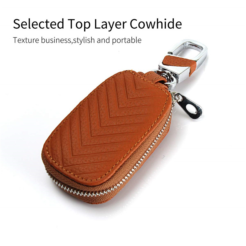 iCoverCase Car Key Case,First Layer Cowhide Leather with Metal Keychain &amp; Zipper Leather Bag for Key