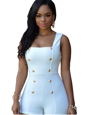 2025 New  double breasted gold button jumpsuit sleeveless uniform jumpsuit  Summer sleeveless, square neck, tight sports, one-piece
