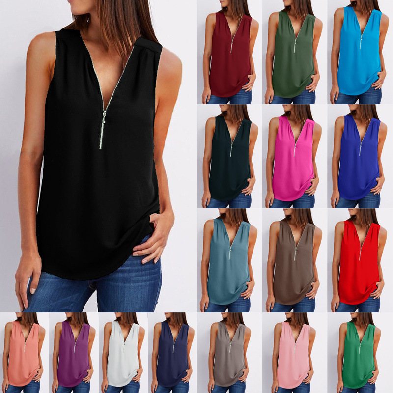 New hot style V-neck zipper sleeveless loose chiffon vest in 17 colors for comfort  T  Main fabric composition polyester fiber (polyester) main fabric composition content of 100% style British  Patter
