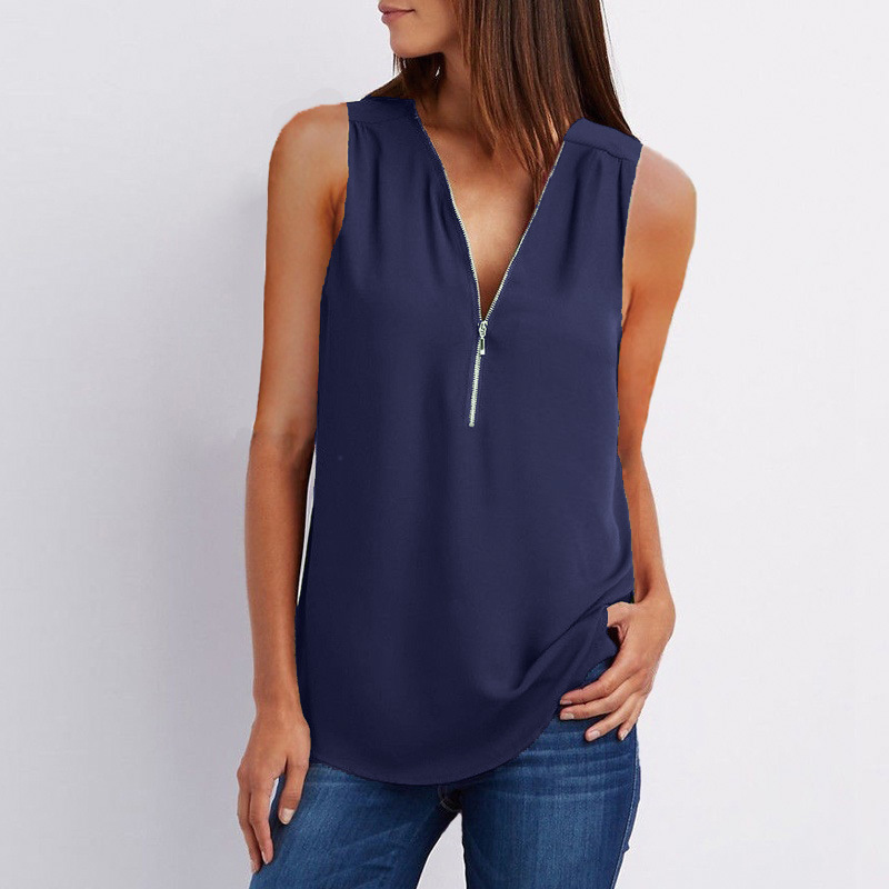 New hot style V-neck zipper sleeveless loose chiffon vest in 17 colors for comfort  T  Main fabric composition polyester fiber (polyester) main fabric composition content of 100% style British  Patter