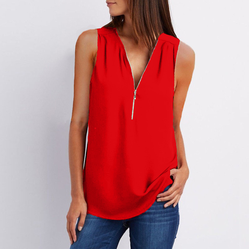 New hot style V-neck zipper sleeveless loose chiffon vest in 17 colors for comfort  T  Main fabric composition polyester fiber (polyester) main fabric composition content of 100% style British  Patter