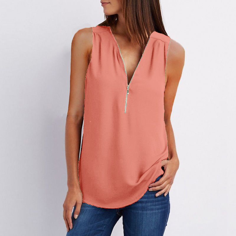 New hot style V-neck zipper sleeveless loose chiffon vest in 17 colors for comfort  T  Main fabric composition polyester fiber (polyester) main fabric composition content of 100% style British  Patter