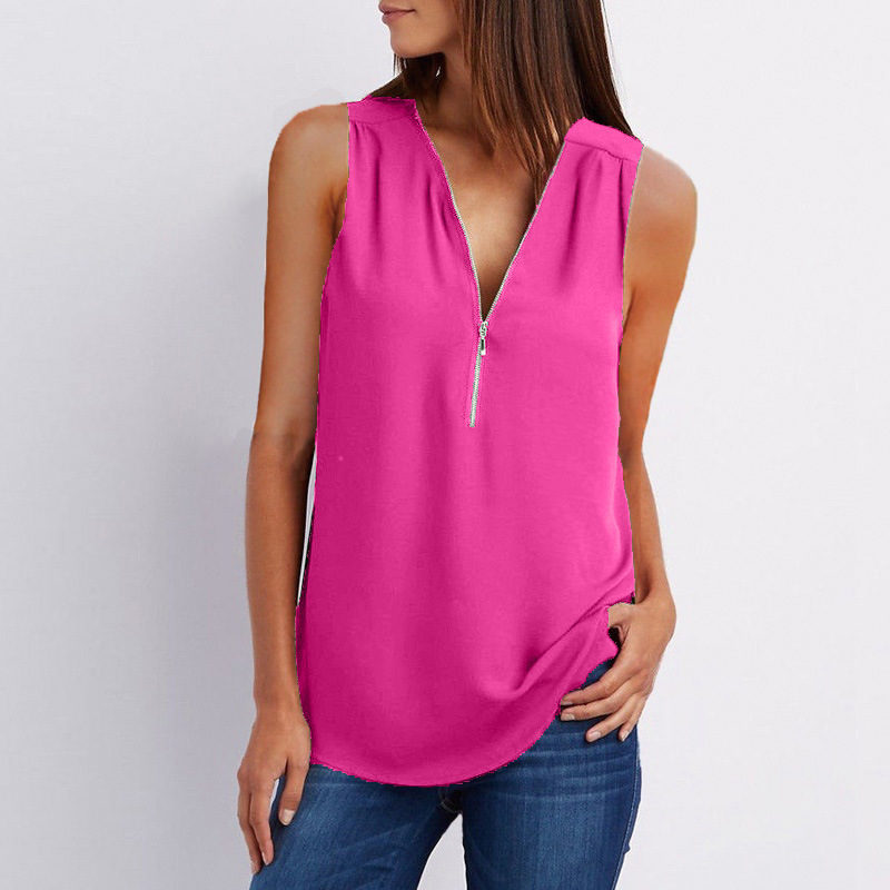 New hot style V-neck zipper sleeveless loose chiffon vest in 17 colors for comfort  T  Main fabric composition polyester fiber (polyester) main fabric composition content of 100% style British  Patter