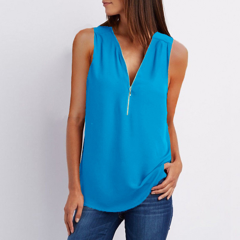 New hot style V-neck zipper sleeveless loose chiffon vest in 17 colors for comfort  T  Main fabric composition polyester fiber (polyester) main fabric composition content of 100% style British  Patter