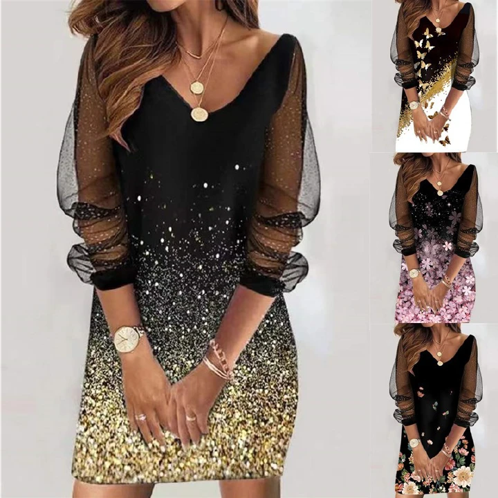 Spring 2022 new cross-border pencil skirt round collar long sleeves sweet stitching midskirt women's sequins perspective gauze dress    Unit weight 0.2kg  Commodity attribute  Fabric name milk silk  S